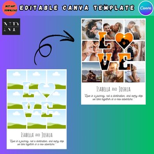 Peut inclure: Un modèle de collage numérique pour Canva mettant en scène des photos de couple disposées en grille avec le mot "LOVE" en grandes lettres. Le modèle comprend le texte "Isabella et Joshua" et la citation "L'amour est un voyage, pas une destination, et chaque étape que nous franchissons ensemble est une nouvelle aventure."