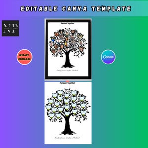 Peut inclure: Deux modèles d'arbres généalogiques. Le premier présente un arbre noir avec des cadres photo en forme de cœur. Le second a un arbre similaire avec des feuilles en forme de cœur. Le texte comprend "Forever Together" et "Editable Canva Template."