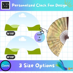 Peut inclure: Trois options de taille pour un design de ventilateur clack personnalisé. Le ventilateur est un éventail chinois traditionnel à main avec une armature en bois et un design en papier. Le design présente une scène de paysage avec des collines vertes et un ciel bleu. Le ventilateur est disponible en trois tailles : 26 pouces par 13 pouces, 25 pouces par 13 pouces et 24 pouces par 13 pouces.