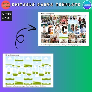 Peut inclure: Modèle Canva modifiable pour un cadeau d'appréciation pour un enseignant. Le modèle présente un collage de photos en forme du mot "TEACHER" avec le texte "A teacher's influence never stops. Thank you for shaping the future." sous le collage.