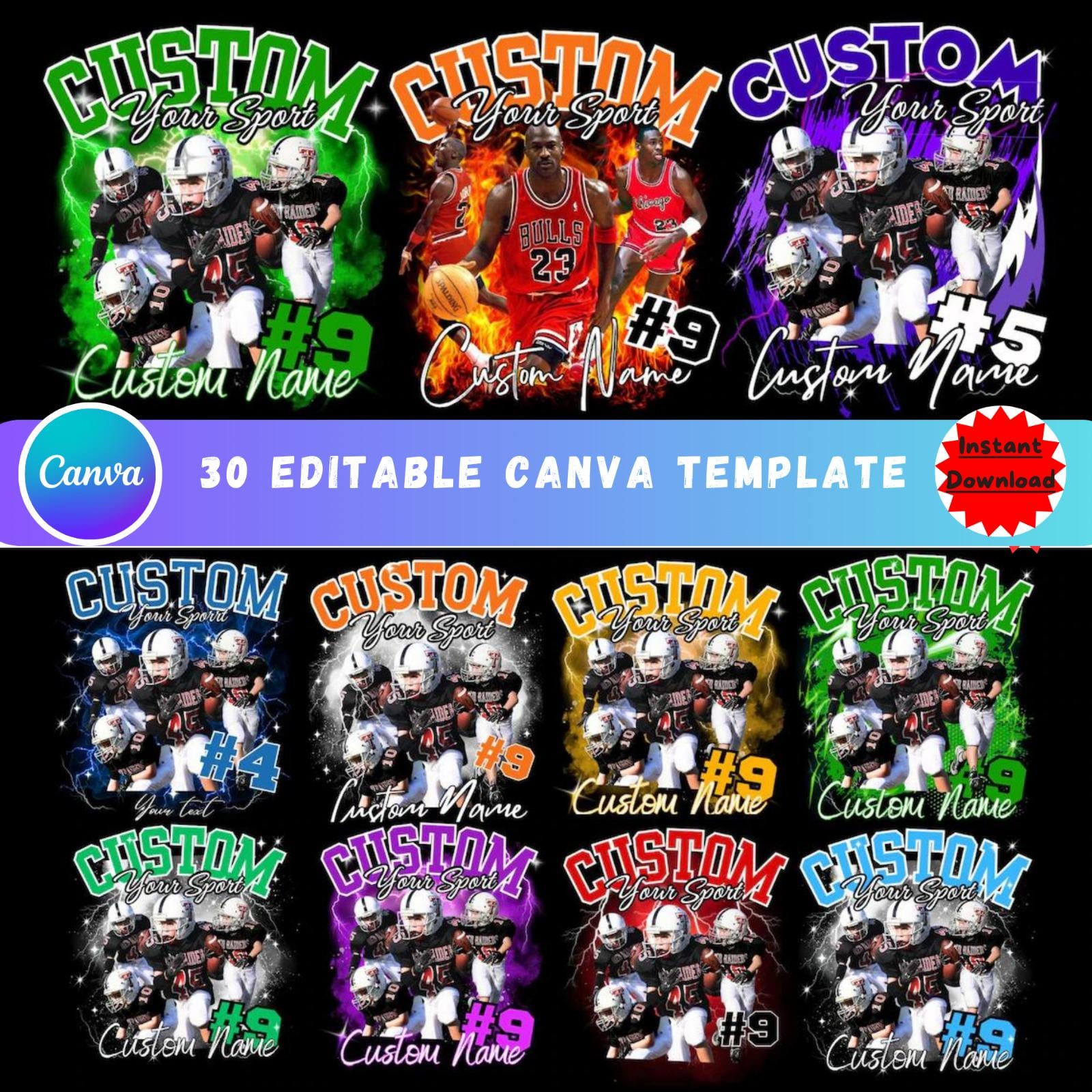 Editable 30 Football Mascot Shirt Canva Template | Custom Homecoming and School Design | 90s T-Shirt Photo Collage PNG DTF Sublimation