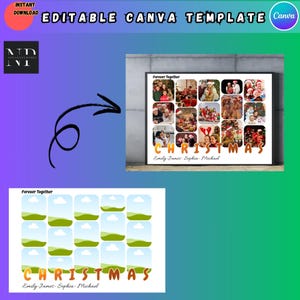 Peut inclure: Un modèle Canva numérique sur le thème de Noël. Le modèle présente un collage de photos de famille avec le mot "CHRISTMAS" en lettres orange. Le texte "Forever Together" est en haut. Le modèle est disponible en téléchargement instantané.