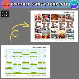 May include: A printable Canva template for a cheer team photo collage. The template features the word "CHEER" with a white background and a blue sky with green hills. The text "CLASS OF 2024" is at the top of the template. The text "Panthers Team" and "Cheer Captain: Emma Smith" are at the bottom of the template.