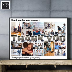Peut inclure: Un collage de photos de personnes dans un environnement de travail avec les mots "Merci pour votre soutien !" et "Merci d'avoir fait partie de notre voyage." Le mot "MERCI" est en grandes lettres audacieuses au centre du collage.