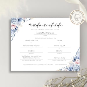 Certificado de vida personalizado para impressão em caso de natimorto, reconhecimento digital de perda de filho, PDF personalizado de lembrança de perda de gravidez