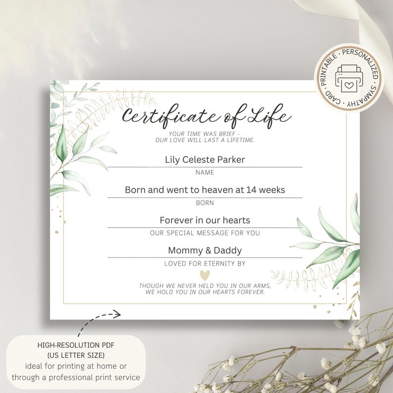 Personalized Printable Certificate of Life for Miscarriage, Customized ...