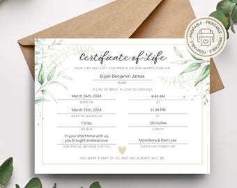 May include: A printable certificate of life with a green floral design. The certificate includes the name Elijah Benjamin James, the date of birth, the date of passing, the weight of 7.5 lbs, and the length of 20 inches. The text "A life so brief, a love so endless" is included.