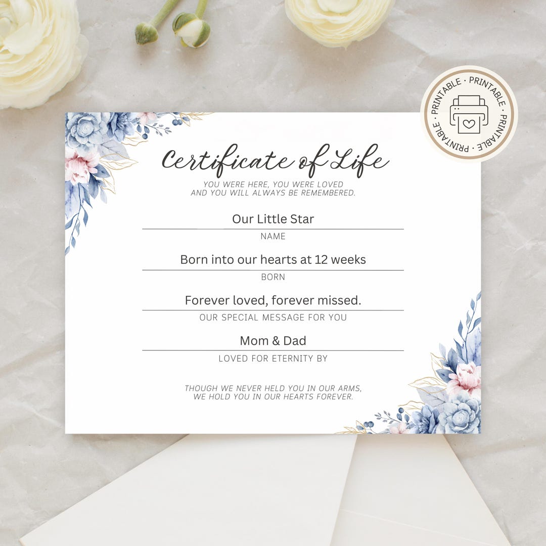 Personalized Printable Certificate of Life for Miscarriage, Customized ...