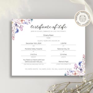 Certificado de vida personalizado para impressão para natimorto, reconhecimento digital de natimorto, presente personalizado de lembrança de bebê natimorto em PDF
