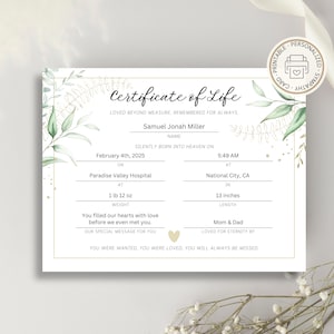 Certificado de vida personalizado para impressão para natimorto, reconhecimento digital de perda de filho, presente personalizado de lembrança de bebê natimorto em PDF