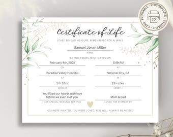 May include: A printable certificate of life with a green floral design. The certificate is for Samuel Jonah Miller, who was born on February 4th, 2025, at 5:49 AM in National City, CA. The certificate includes the baby's weight, length, and a special message for the family.