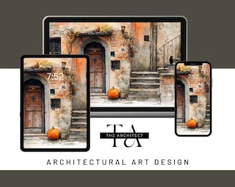 May include: Digital art featuring a rustic building facade with a wooden door, steps, and a pumpkin. The image is displayed on a tablet, a phone, and a computer screen. The text "THE ARCHITECT" and "ARCHITECTURAL ART DESIGN" are also visible.