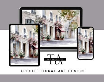 May include: Digital art print of a European street scene displayed on a tablet, a phone, and a computer monitor. The artwork features a watercolor painting of a building with flower boxes and a red awning. The text "THE ARCHITECT" and "ARCHITECTURAL ART DESIGN" are also visible.