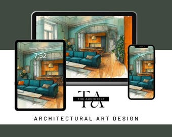 Könnte beinhalten: Digitaler Kunstdruck eines Innenraumdesign-Konzepts, angezeigt auf einem Tablet, Computer und Telefon. Das Kunstwerk zeigt ein türkis farbenes Wohnzimmer mit Sofa, Holztisch und Küche. Der Text "TA THE ARCHITECT" und "ARCHITECTURAL ART DESIGN" sind sichtbar.