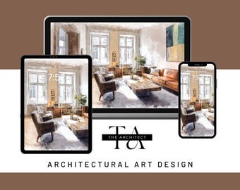 Könnte beinhalten: Digitaler Kunstdruck einer Wohnzimmerszene, die auf einem Tablet, Telefon und Computer angezeigt wird. Das Kunstwerk zeigt einen Aquarellstil mit einem braunen Ledersofa, Holzmöbeln und großen Fenstern. Der Text "ARCHITECTURAL ART DESIGN" befindet sich unten.