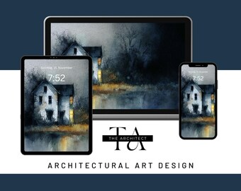 Halloween Watercolor Wallpaper: Haunted Lake House Scene (Digital Download)