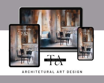 Op de afbeelding: Digitale kunstafdruk weergegeven op een tablet, een telefoon en een grotere tablet. Het kunstwerk toont een kamer met een tafel, stoelen en een spiegel. De tekst "THE ARCHITECT" en "ARCHITECTURAL ART DESIGN" zijn ook zichtbaar.