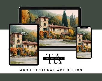 May include: Digital art design featuring a watercolor painting of a Tuscan villa displayed on a tablet, a laptop, and a smartphone. The devices show the same image of a building with a stone facade, surrounded by trees. The text "THE ARCHITECT" and "ARCHITECTURAL ART DESIGN" are also visible.
