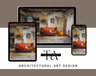 Watercolor Halloween Wallpaper Set: Vintage Haunted Living Room (Digital Download)