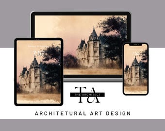 Op de afbeelding: Digitaal kunstontwerp met een kasteelillustratie weergegeven op een tablet, laptop en telefoon. Het kasteel heeft een gedempt kleurenpalet met een roze en beige lucht. De tekst "THE ARCHITECT" en "ARCHITECTURAL ART DESIGN" is ook zichtbaar.