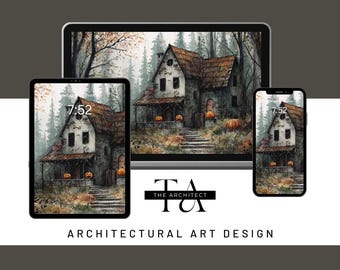 Watercolor Haunted House Wallpaper Set: Halloween Desktop, iPad & Smartphone (Digital Download)