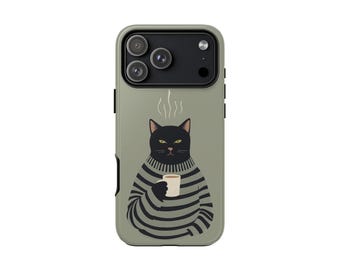 Black Cat Coffee iPhone Case, Minimalist Cat Lover Protective Phone Cover