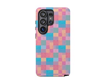 Pastel Checkerboard Samsung Case, Aesthetic Checkered Cover for Galaxy S25 Ultra S24 S23 FE, Colorful Preppy Phone Case
