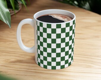 Green Checkerboard Ceramic Mug, Retro Checkered Coffee Cup, Kitchenware