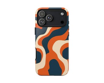 70s Retro iPhone Case, Groovy Wavy Phone Case, Abstract Aesthetic Orange Navy Cream, Trendy Cute Phone Case