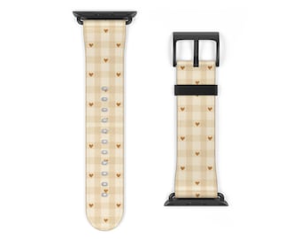 Beige Gingham Hearts Watch Band | Plaid Heart Apple Watch Strap