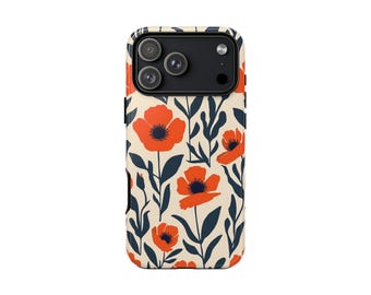 Orange Poppy Floral Phone Case, Retro Botanical iPhone Cover