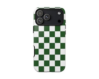 Green Checkerboard iPhone Case, Aesthetic Checkered Phone Case, Trendy Green White Case, Cute Retro Phone Cover