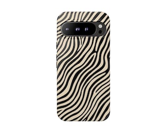 Zebra Stripe Google Pixel 9 Pro XL Case, Beige Black Animal Print, Minimalist Slim Tough Cover, Pixel 9 8 7 Pro, Modern Safari Style