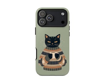 Cozy Black Cat with Mug Phone Case Cat Illustration