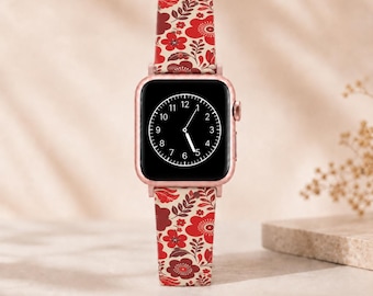 Floral Apple Watch Band, Vintage Red Flower Watch Strap, Botanical Cream Watch Band