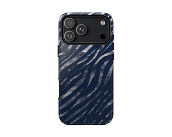 Blue Zebra Print iPhone Case, Dark Navy Animal Pattern, Trendy Abstract Stripes, Slim Tough Protective Cover, iPhone 17 16 15 14 13 Pro Max