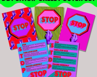 STOP Skill Poster Bundle • DBT Distress Tolerance • Neon STOP Technique Posters for Teens • Therapy Classroom Decor • Printable Wall Art