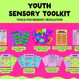 May include: A Youth Sensory Toolkit featuring a collection of printed materials including a How to Use Guide, The 8 Senses Poster, Sensory All Sorts 180+ Cards, a Sensory Modulation Poster, a Sensory Tracker, and various checklists and worksheets.