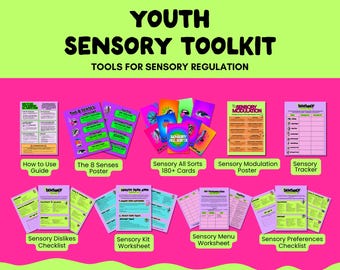 May include: A Youth Sensory Toolkit featuring a collection of printed materials including a How to Use Guide, The 8 Senses Poster, Sensory All Sorts 180+ Cards, a Sensory Modulation Poster, a Sensory Tracker, and various checklists and worksheets.