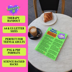 May include: A bright green therapy handout titled Sleep Hygiene featuring eleven numbered tips for better rest. The document includes a cartoon illustration of a person in bed and text detailing habits like avoiding stimulants, blue light, and naps.