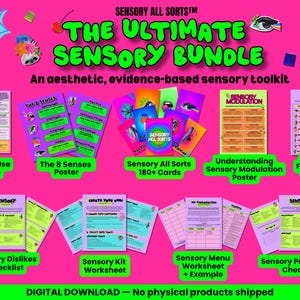 Puede incluir: Un paquete sensorial digital con el texto "THE ULTIMATE SENSORY BUNDLE". La imagen presenta varias herramientas sensoriales, incluyendo carteles, tarjetas, listas de verificación y hojas de trabajo. La combinación de colores es rosa brillante y verde.