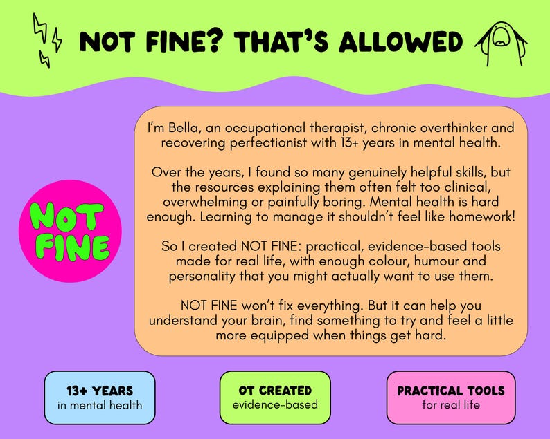 May include: A colorful informational graphic with a light green top banner reading NOT FINE? THAT'S ALLOWED. A central peach-colored box contains text about Bella, an occupational therapist, and the NOT FINE project. Includes a pink circle with NOT FINE text.