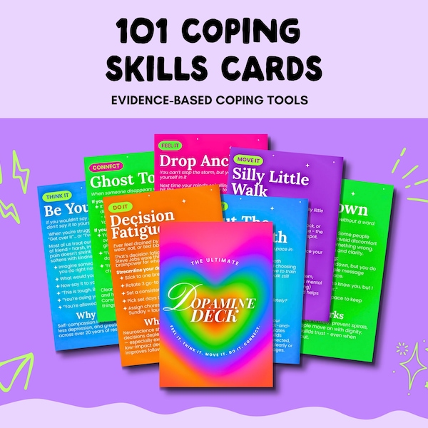101 Coping Skills Cards – Teen Adult Anxiety, Self-Care, DBT, ACT, ADHD Therapy (Digital Download)