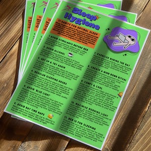 May include: A stack of informational flyers titled Sleep Hygiene with a bright green background. The text lists 11 habits for optimal sleep, including avoiding stimulants, alcohol, and blue light, while incorporating exercise and a wind-down ritual.