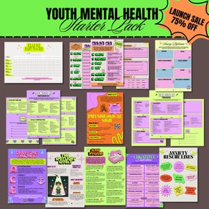 Peut inclure: Un ensemble de feuilles de travail imprimables pour la santé mentale des jeunes. Les feuilles de travail sont colorées et présentent des illustrations d'un projecteur, d'une personne endormie, d'un cerveau et d'une personne avec une bulle de pensée. Les feuilles de travail comprennent des titres tels que "Hear Me Habit Tracker", "Préférences sensorielles", "Soupir physiologique", "L'effet de projecteur", "Hygiène du sommeil", "Distorsions cognitives" et "Lignes de secours contre l'anxiété".