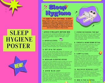 Sleep Hygiene Poster, therapy worksheets, therapy resource, self-care poster, sleep habits, sleep tips, sleep routine, coping skills