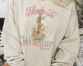 Acoustic Guitar Christian Worship Sweatshirt, Western Inspirational Religious Shirt, Psalm 100 Bible Verse, Church Apparel, Floral Guitar