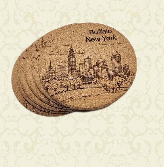 Drink Coaster Set of 6 Buffalo New York Cork Coasters – Durable, Natural, Eco-Friendly Bar & Home Decor Gift