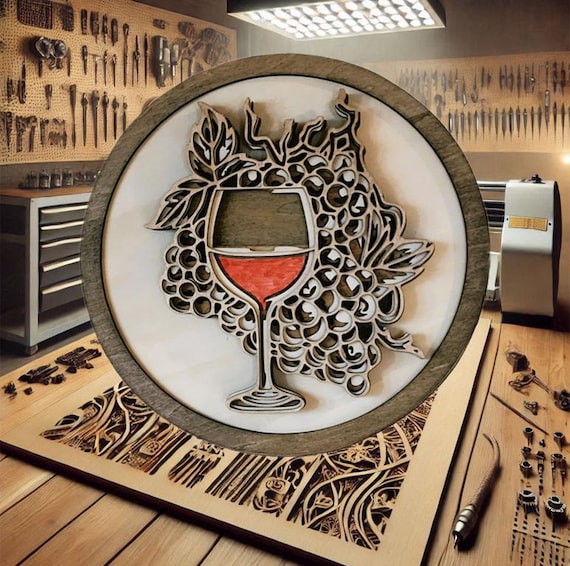 Wall Decor Wine Glass with Grape Accents Wall Art 11.5" Rustic Kitchen & Dining Room Decoration