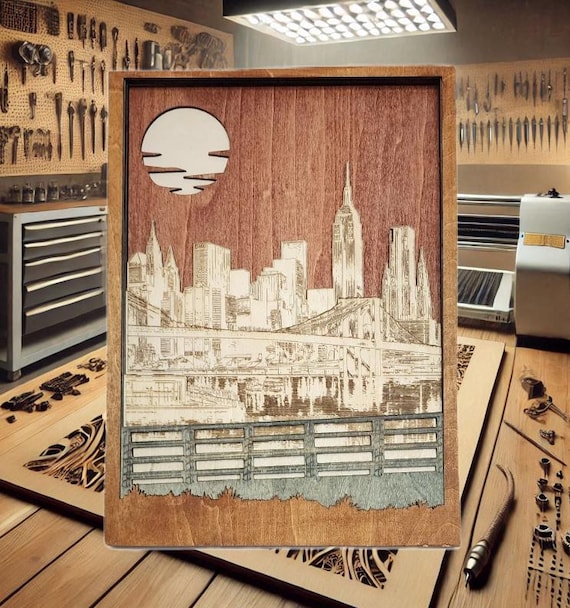New York Laser Cut Skyline Wall Art - NYC Engraved Wood Decor, Cityscape Home Gift, Urban Tourist Souvenir